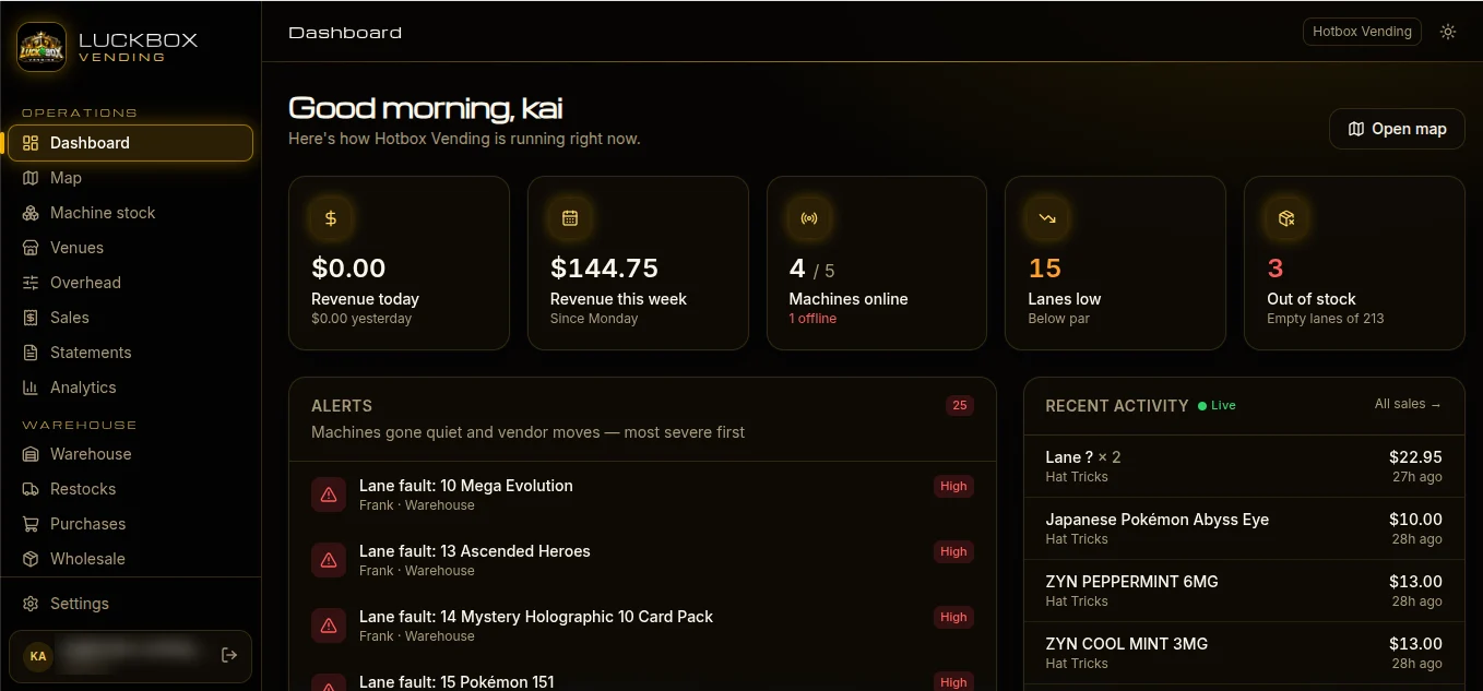 LuckBox operator dashboard showing revenue, machines online, low and empty lanes, alerts and a live sales feed